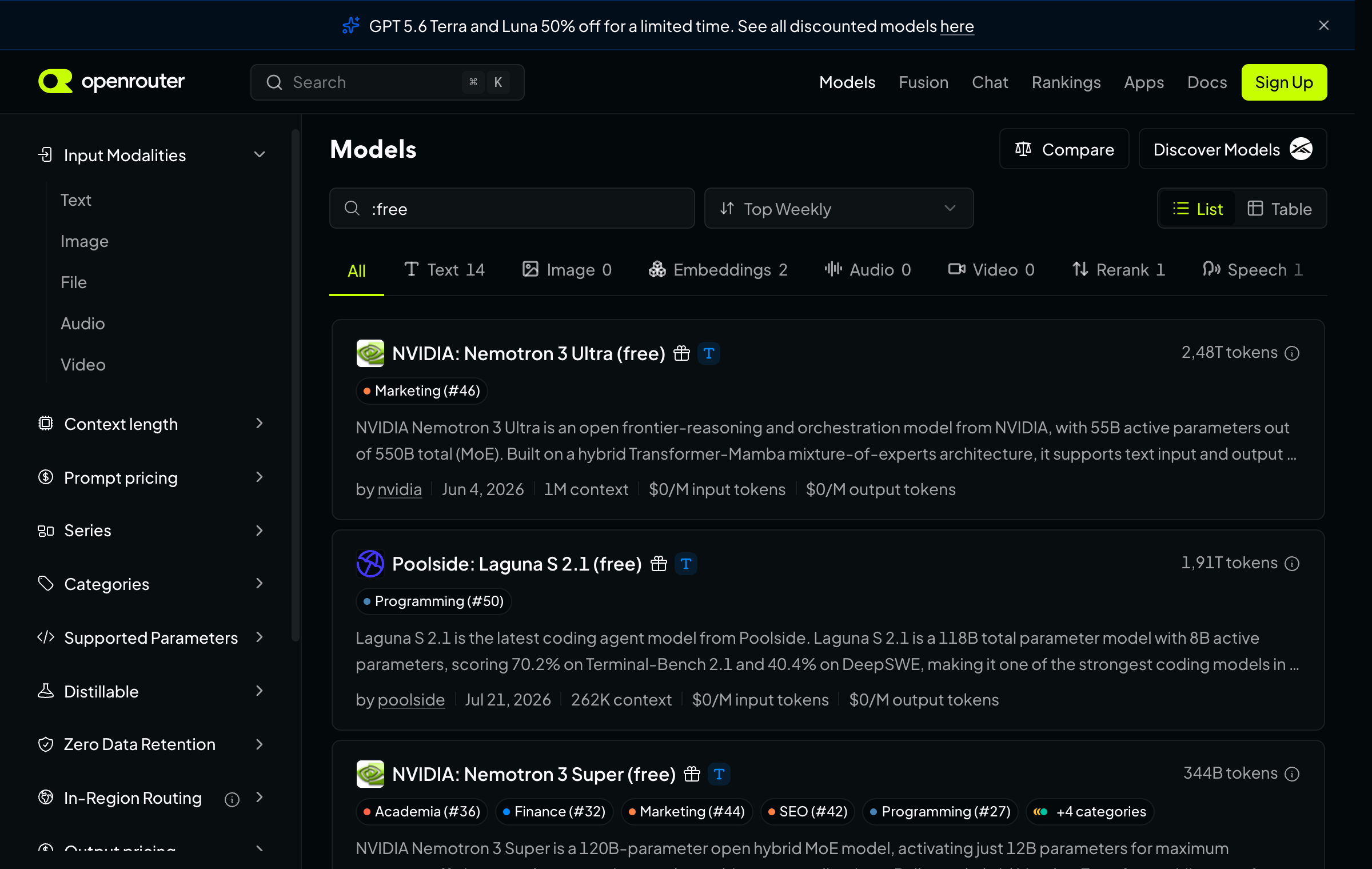 L'elenco dei modelli di OpenRouter filtrato scrivendo :free nella casella di ricerca