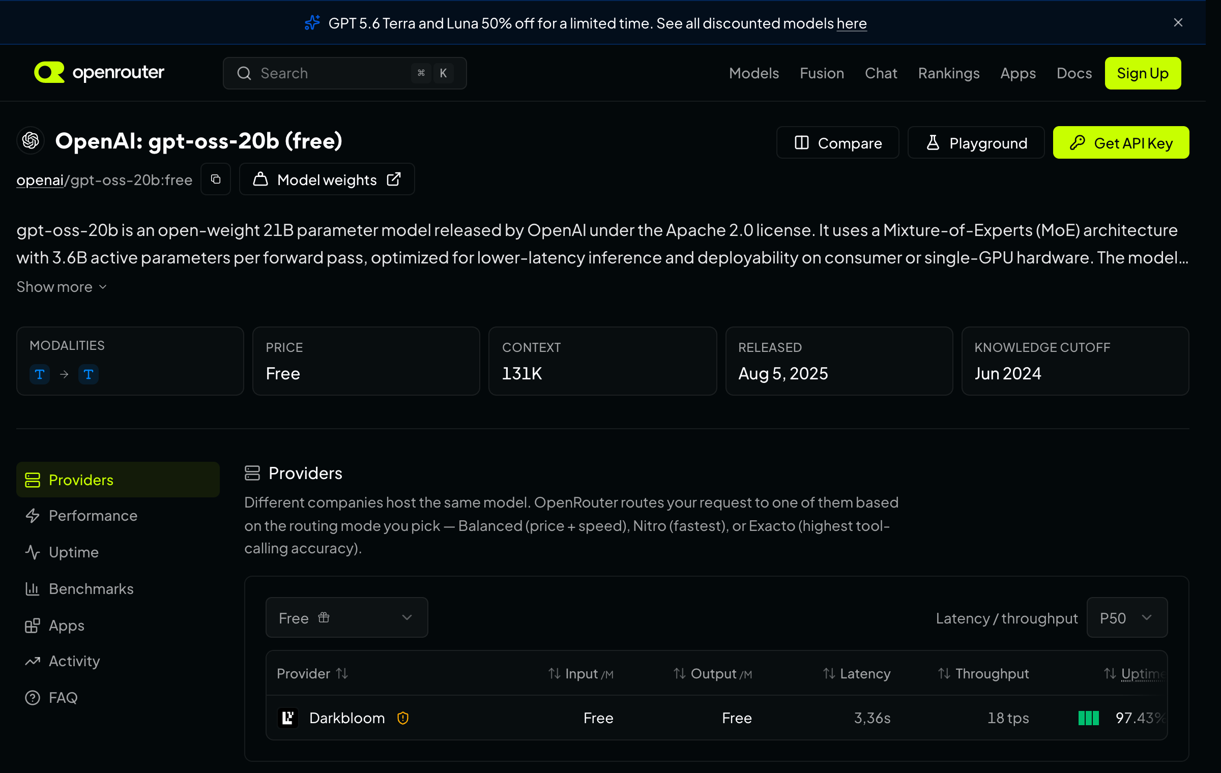La pagina di un modello su OpenRouter: sotto al titolo c'è il nome completo openai/gpt-oss-20b:free con il pulsante per copiarlo